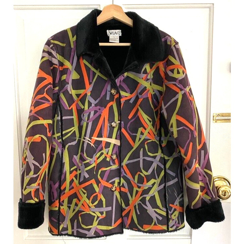 WEAZ - Colorful faux Suede fuax fur collar winter jacket women's size XL
